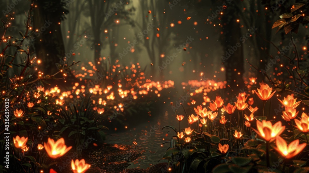 Poster a magical forest illuminated by the soft light of fire flowers, creating a dreamlike and enchanting 