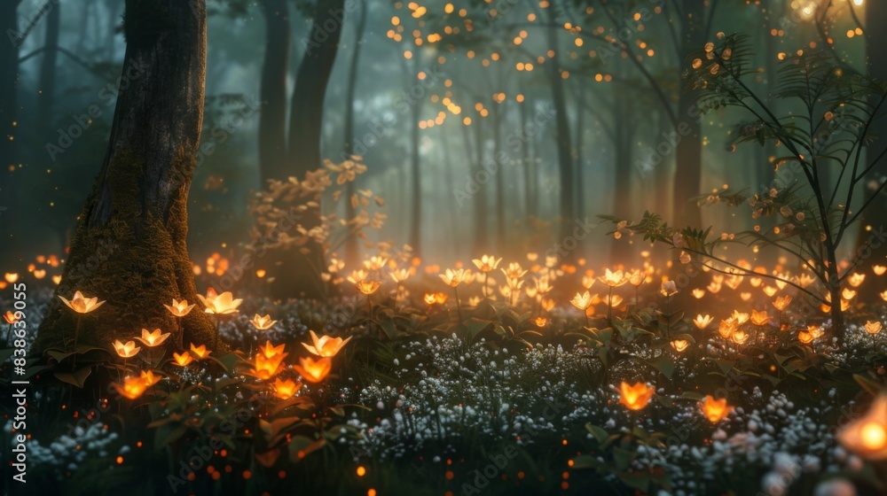 Poster a magical forest illuminated by the soft light of fire flowers, creating a dreamlike and enchanting 