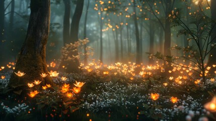 Fototapeta premium A magical forest illuminated by the soft light of fire flowers, creating a dreamlike and enchanting ambiance