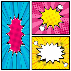 Comic books dialog bubbles. Cartoon book superhero scrapbook page template, empty comical speech clouds, graphic art frame layout template illustration. Pop art background with blank balloons