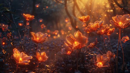 A magical garden filled with luminous fire flowers, their radiant glow creating a surreal and ethereal atmosphere