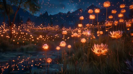 Obraz premium A mesmerizing display of fire flowers lighting up the night sky, filling the air with their enchanting glow