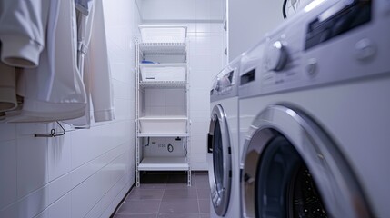 a simple laundry room, a washing machine, white metal frame rack, white wall, full view, a perspective view 
