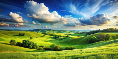 Summer fields and hills landscape with green grass, blue sky, and fluffy clouds , summer, fields, hills, landscape, green grass, blue sky, clouds, flat style, cartoon, painting,nature