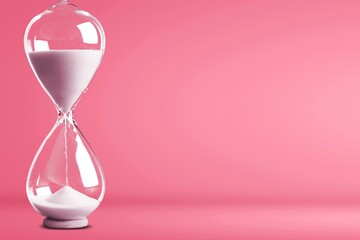 Hourglass with white flowing sand on pink background