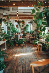 A photo of an event space with lots of plants everywhere, greenery filling the white walls and wooden floors