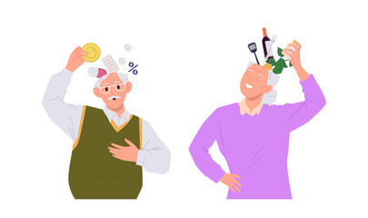 Senior old man and elderly aged woman cute cartoon characters filling open head with knowledge