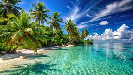 Tropical beach scenery with clear blue water and palm trees, retirement, travel, mature, senior, couple, piggyback, happy, summer, beach, tropical, relaxation, leisure, vacation, happiness