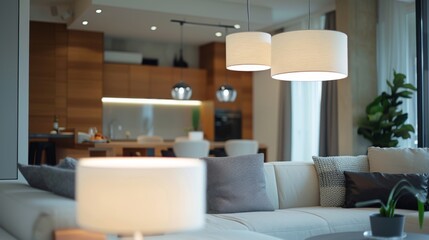 A modern pendant light fixture hanging elegantly in a contemporary living room, adding a touch of sophistication to the space