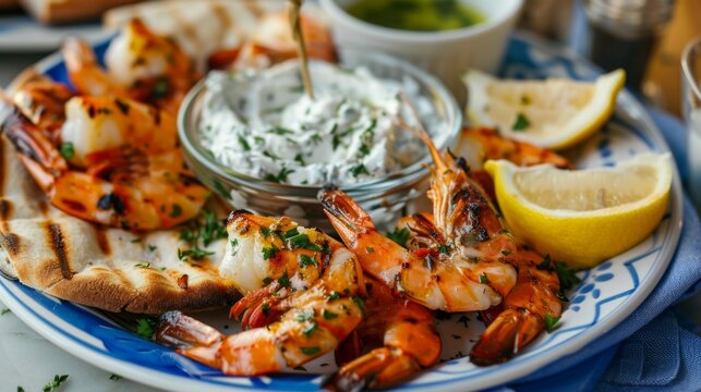 A plate of Greek-style grilled shrimp served with tzatziki sauce, lemon wedges, and pita bread, on a blue and white tablecloth at a seaside taverna.