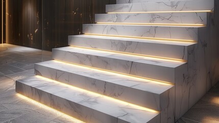 Modern stairway with thick marble steps and subtle lighting for enhanced elegance.