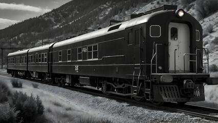 Fototapeta premium A classic train is captured in a monochrome tone set against a rugged landscape, suggesting a movement through time and space