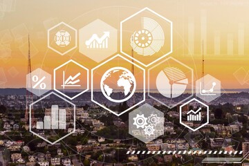 Stock market digital charts on city background