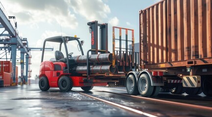 Forklift unloading cargo from a truck in an industrial dock area. A red forklift with an orange body and black lifting equipment is loading large steel pipes 
