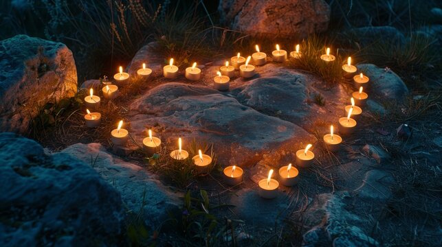 A romantic proposal scene with candles arranged in a heart shape, creating a dreamy and unforgettable moment