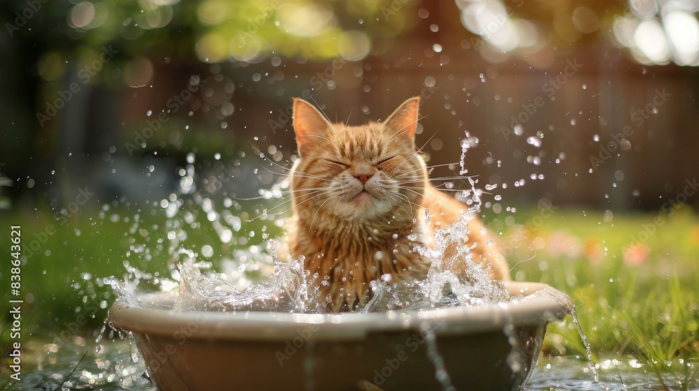 Poster a rotund cat splashing around in a shallow basin, having fun with water and looking excited in a spa