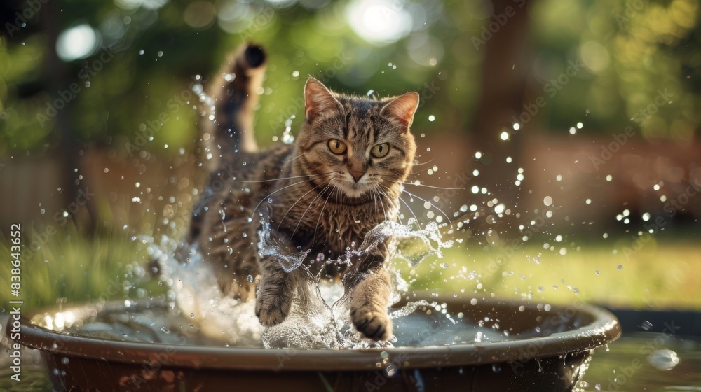 Poster a rotund cat splashing around in a shallow basin, having fun with water and looking excited in a spa