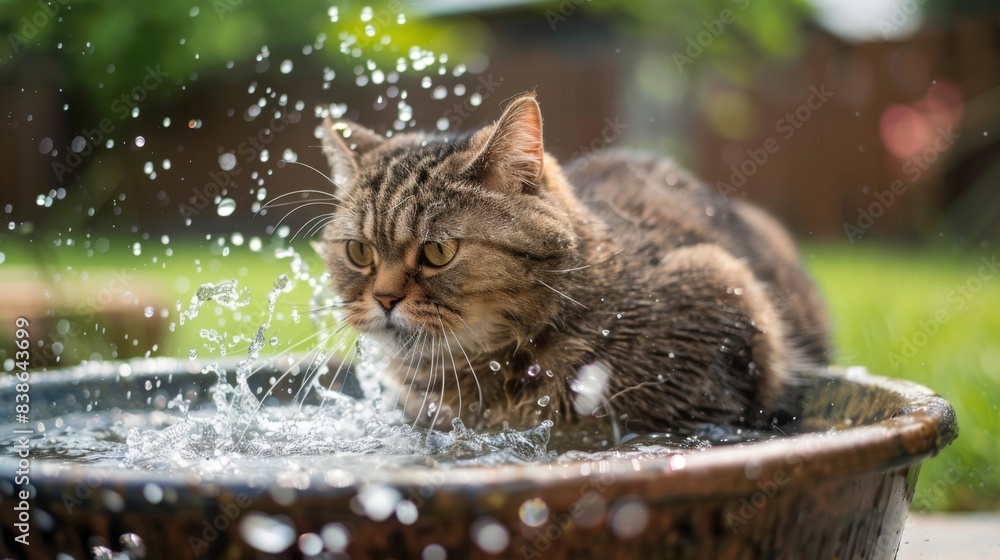 Poster A rotund cat splashing around in a shallow basin, having fun with water and looking excited in a spacious backyard