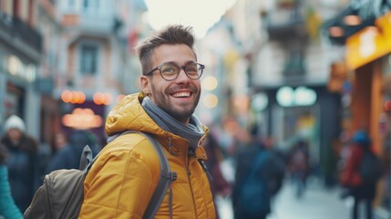 Fototapeta premium An enthusiastic traveler immerses themselves in the vibrant atmosphere of the city, walking briskly amidst the hustle and bustle with a smile on their face, embodying a dynamic and ambitious spirit,