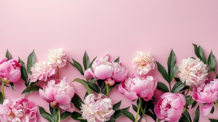 Naklejka premium A delightful flat lay composition featuring a border of lush flowers arranged on a vibrant surface.