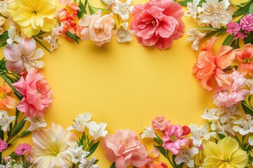 Fototapeta premium Elegant blooms arranged in a rectangular shape on a vibrant background, forming a captivating frame with negative space in the center,.