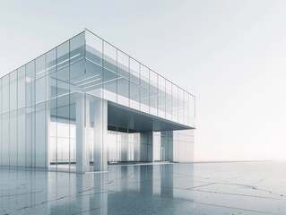 Fototapeta premium A modern, minimalist glass commercial building with a reflective glass facade, situated on an expansive, empty plaza with clean lines and a smooth concrete surface 