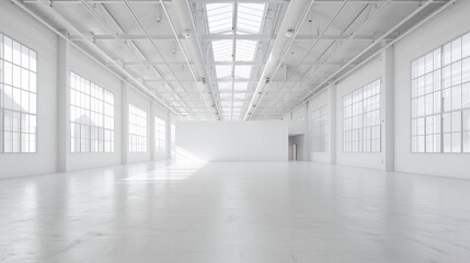 Obraz premium Industrial white warehouse with high ceilings and an empty floor plan, surrounded by a uniform white background