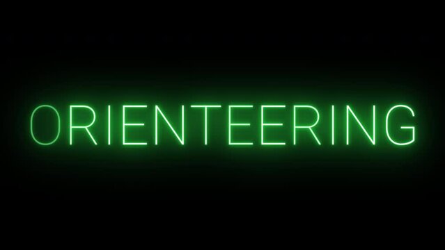 Flickering neon green orienteering sign animated on black background.