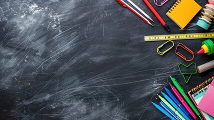 Frame of school supplies including crayons, glue sticks, sticky notes, and chalk, laid out in a flat lay style around a blackboard with ample room for text or design in the center.