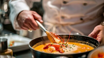 A seafood chef preparing classic lobster bisque soup, blending creamy broth with chunks of tender lobster meat and aromatic herbs.