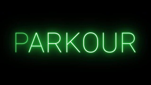 Flickering neon green parkour sign animated on black background.
