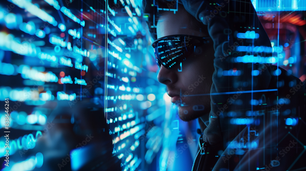 Poster a professional male hacker working on cyber security with holograms of coding scripts, digital data 