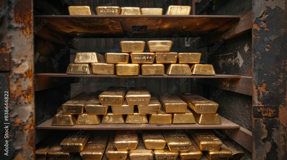 Poster A stack of gold bars displayed in a secure vault, illustrating the safe storage and preservation of precious metal assets.