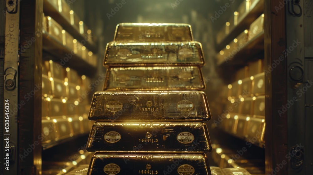 Aufkleber a stack of gold bars displayed in a secure vault, illustrating the safe storage and preservation of 