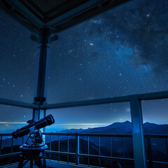 Naklejka premium Stargazing at the Universe: A Telescope Poised on an Observatory Deck