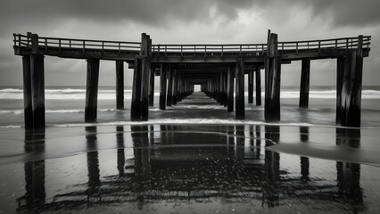 Obraz premium A moody black and white image of a wooden pier extending into a tumultuous sea with reflections on the wet sand