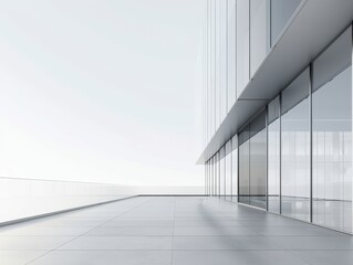 Obraz premium A contemporary minimalist glass building with a sleek glass and metal facade, standing on an expansive, empty plaza with a monochrome concrete surface and minimalist design features 