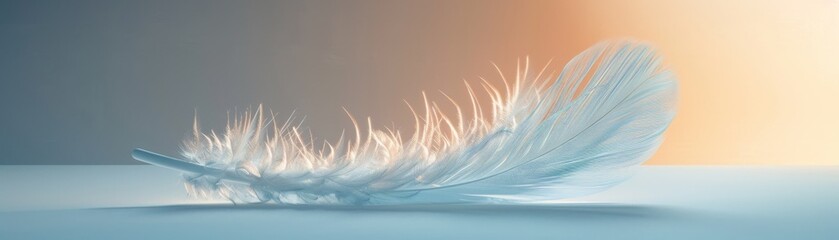 A delicate white feather on a light blue surface with a beautiful gradient background from blue to orange.