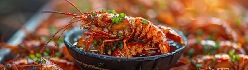 A delicious grilled shrimp dish garnished with fresh herbs, served in a dark bowl. Perfect for culinary and seafood themes.