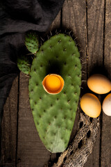 Organic broken egg on a cactus on a rustic table, with more eggs