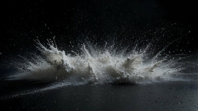 High-speed photograph capturing the dynamic motion of a milk splash on a dark, isolated background