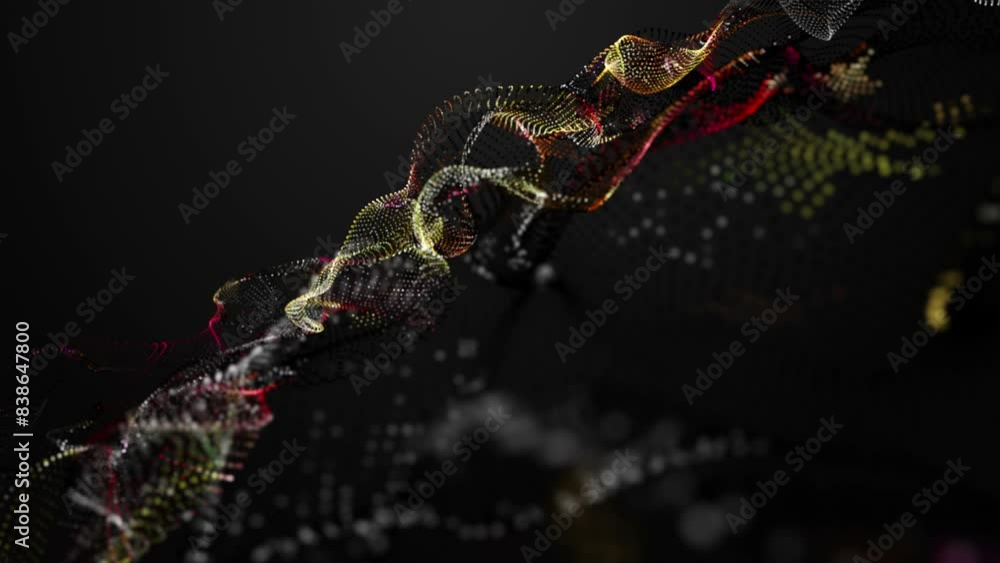 Poster futuristic video animation with particle wave object in slow motion, 4096x2304 loop 4k
