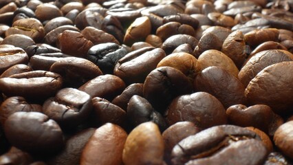 In a close-up, coffee beans gleam with natural oils, showcasing a spectrum of deep browns. Meticulous roasting brings out rich textures, promising a flavor as bold as it is nuanced.
