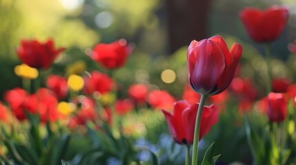 Obraz premium Red tulip in garden with blurred background