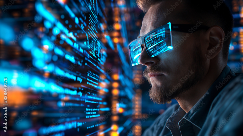 Poster a professional male hacker working on cyber security with holograms of coding scripts, digital data 