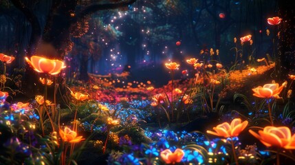 Fototapeta premium A surreal garden filled with glowing fire flowers, their vibrant colors creating a magical and enchanting landscape