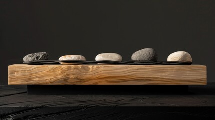A serene sculpture with a wooden base, iron twists, and balanced stones creates tranquility by blending natural elements in a modern, minimalist design for an elegant and peaceful atmosphere