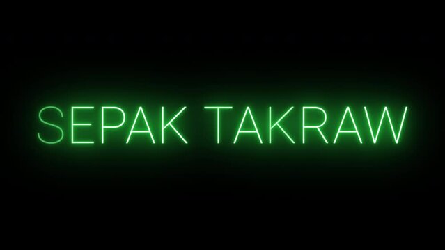 Flickering neon green sepak takraw sign animated on black background.