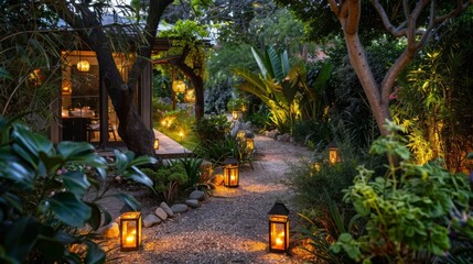 Obraz premium A tranquil garden path lit by solar-powered lanterns, creating a serene and inviting outdoor space after dark