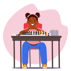 Cheerful Young African American Girl Contemplates Her Next Move In A Game Of Chess, Sitting At A Table In A Serene Room